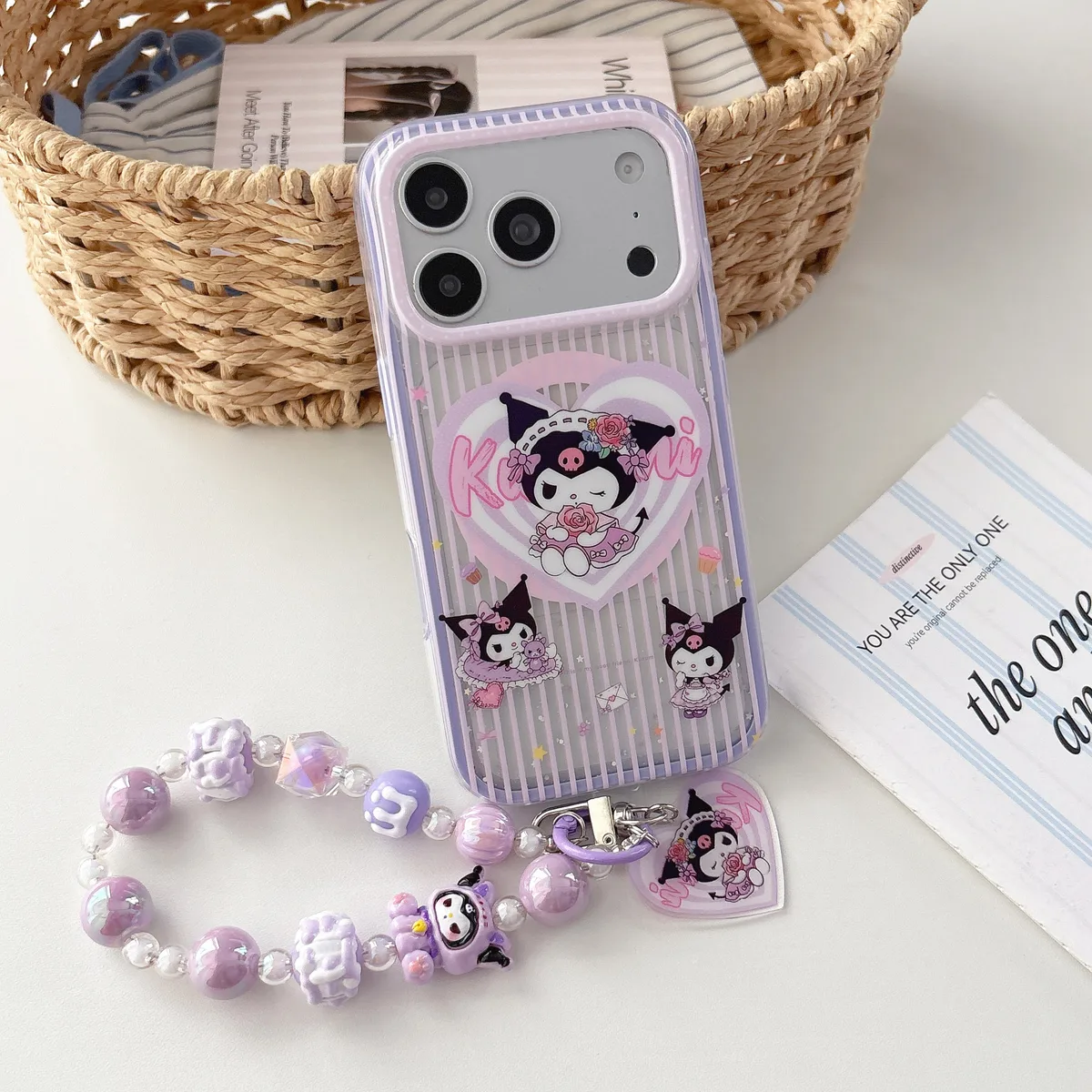 Kuromi Heart Pop Phone Case with Beaded Strap & Pop Socket for iPhone 17 16 15 14 13 Pro Max — MagSafe